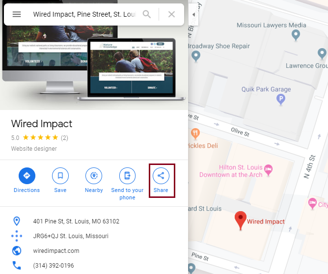 A screenshot of a Wired Impact location  address on Google Maps page highlighting the Share icon