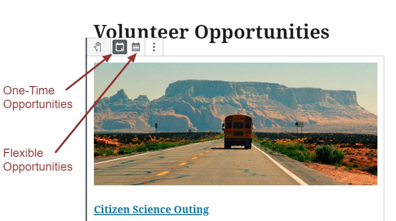 A screenshot of the Volunteer Opportunities page in preview, highlighting the One-Time Opportunities icon and the calendar icon 