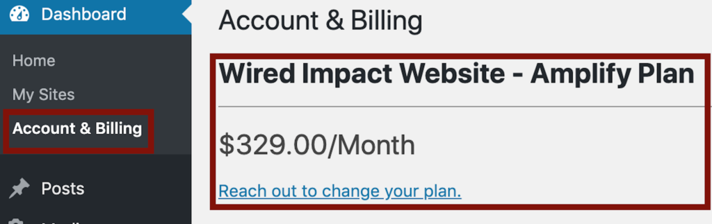 A screenshot of the Account & Billing section in the back end of a website, highlighting the current plan information at the top of that page