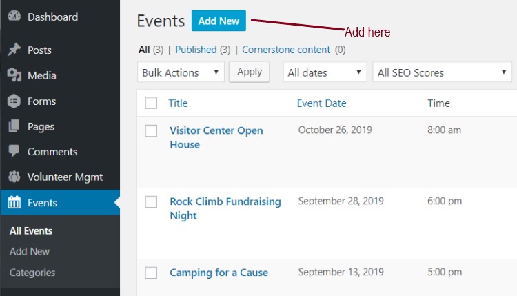 A screenshot of the All Events page in the back end of a website with the Add New button highlighted