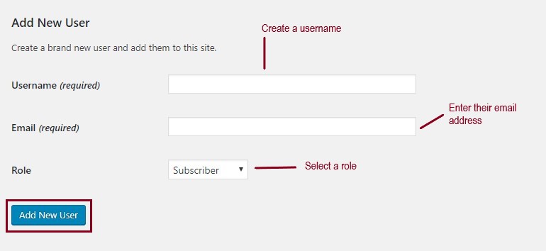 A screenshot of the Add New User information form with instructions  on the details to provide under each form field