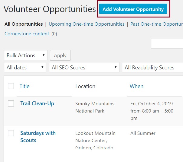 A screenshot of the Volunteer Management page highlighting the Add Volunteer Opportunity button