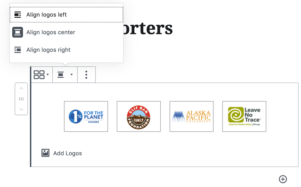 A screenshot of the Logos block showing the different options of Aligning the content
