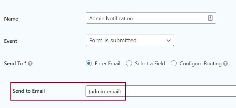 A screenshot of the admin notification form highlighting the Send to Email form field