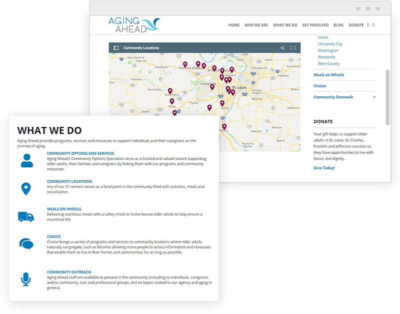 What We Do and Locations Pages on the Aging Ahead Website
