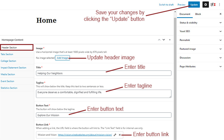 A screenshot of the Vision theme home page in the backend of a website, highlighting the Header Section form field