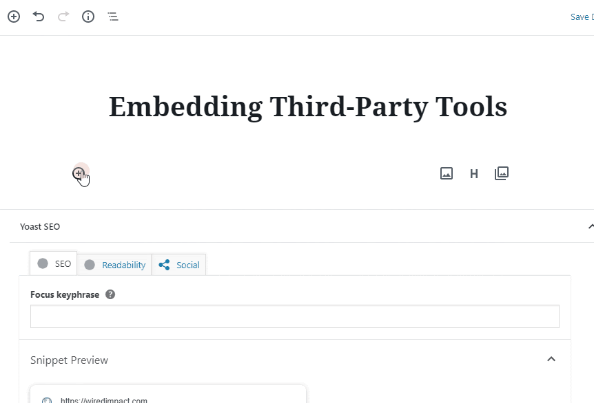 A GIF demonstrating how to embed third-party tools in the back end of a website