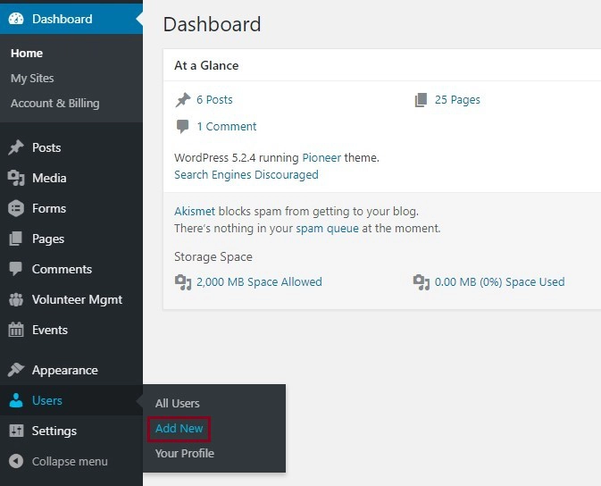 A screenshot of a website's dashboard showing how to add a new user under the Users item in the admin menu