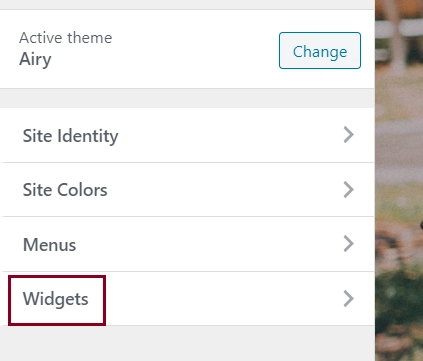 A screenshot of the customize menu highlighting the Widgets option 