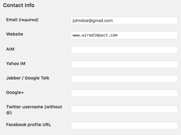 A screenshot of the contact Info form in a user's profile