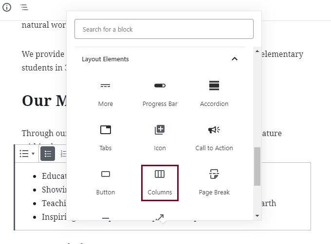 A screenshot of the block settings highlighting the Columns option 