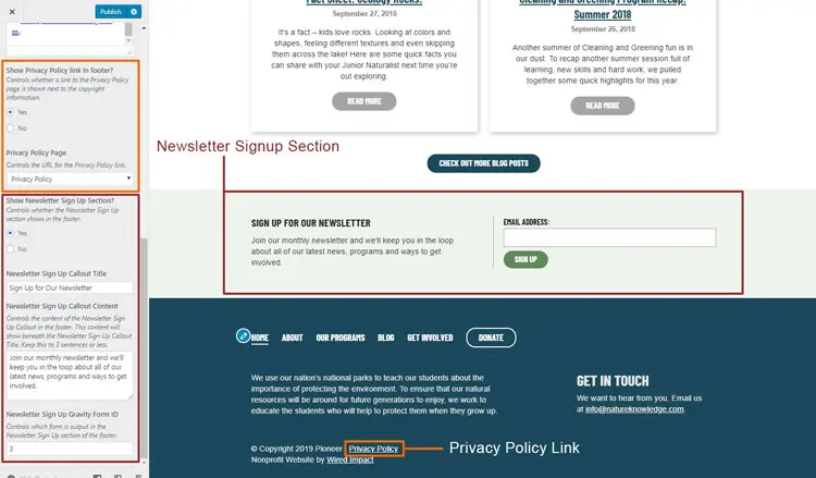 A screenshot of the Footer Settings displaying the Newsletter Signup section