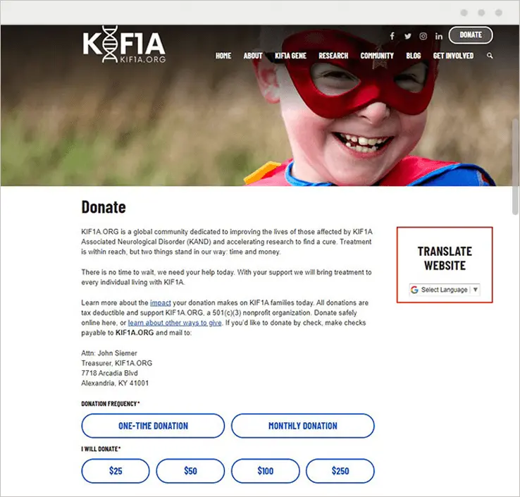 Screenshot of the KIF1A.ORG Donate page