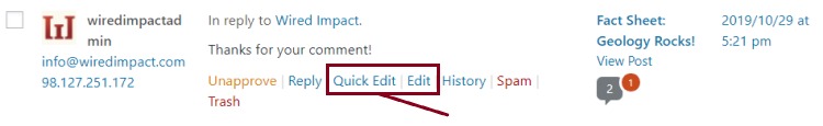 A screenshot of a comment highlighting the Quick edit and edit hyperlink