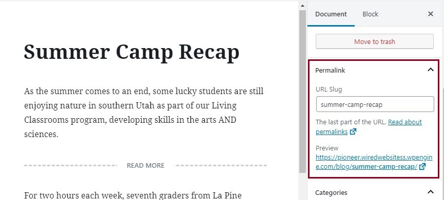 A screenshot of a blog post in the back end of a website highlighting the Permalink in the Document settings in the right side menu