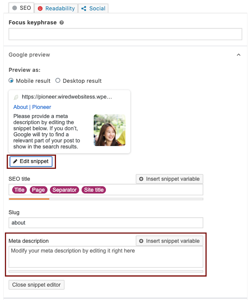 A screenshot of the Yoast SEO section on a page in the back end of a website, highlighting the Edit Snippet button and the Meta description form field