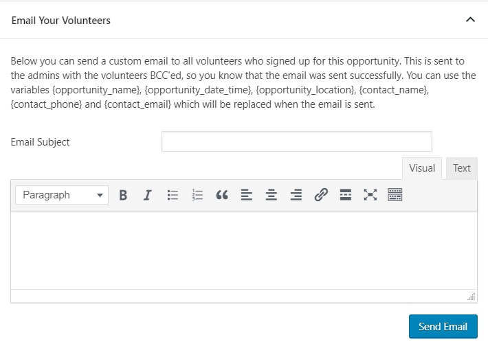 A screenshot of a custom email to all volunteers form 