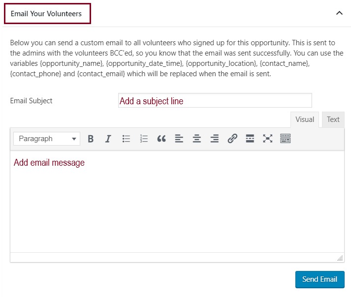 A screenshot of Email Your Volunteers custom email form directing on what to add in each form field