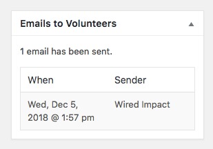 A screenshot of the right sidebar in the Emails to Volunteers section displaying  the details on the emails sent