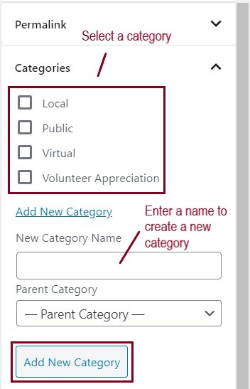 A screenshot of the Add New Category form highlighting the list of categories and where to name the new category 