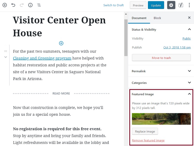A screenshot of the document settings in the content editor of an event highlighting the Featured Image section