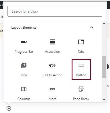 A screenshot of the Layout Elements highlighting the Button block icon