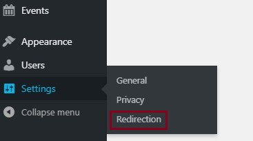 A screenshot of the right-hand admin menu in the back end of a website highlighting Redirection under the settings section
