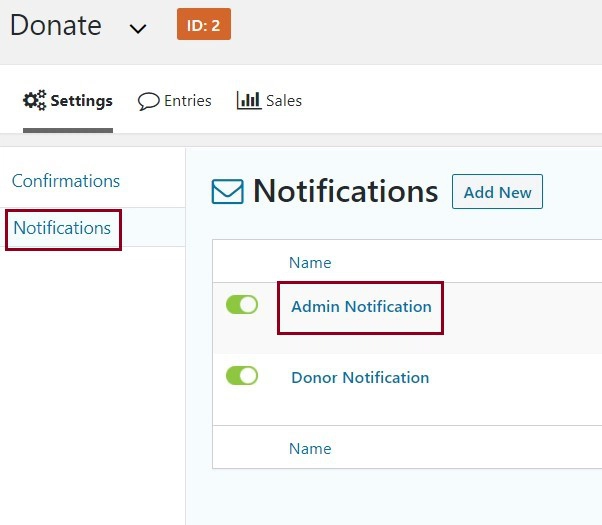 A screenshot of the settings page of the donate form highlighting the notifications section and the Admin Notification 