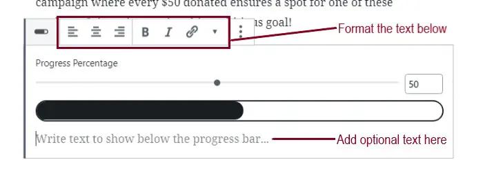 A screenshot of the progress bar block highlighting the icon for formatting the text and where to add optional text