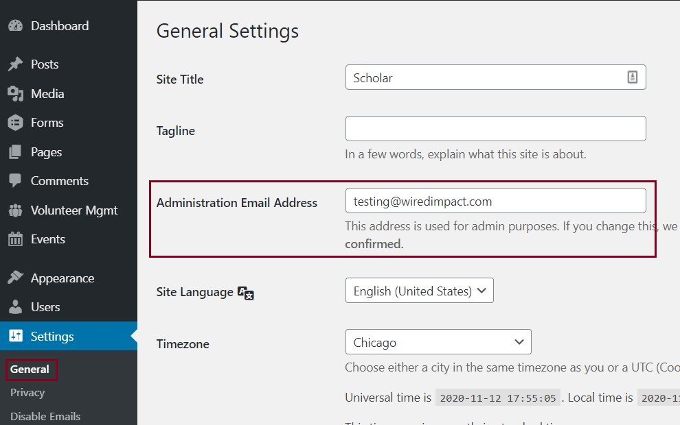 A screenshot of the General Settings form highlighting the Administration Email Address form field