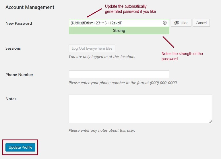 A screenshot of the Account Management section showing how to automatically generate a new password and gauge its strength
