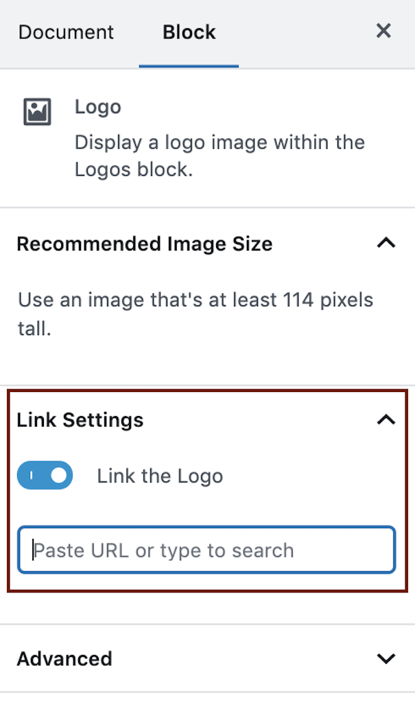 A screenshot of the Block Settings highlighting the Link Settings