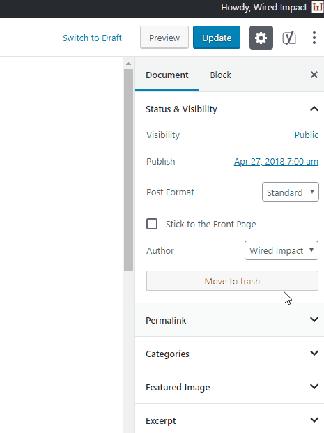 A GIF of the Document Settings in the right-hand side bar demonstrating how to select the author of a blog post in the drop-down menu