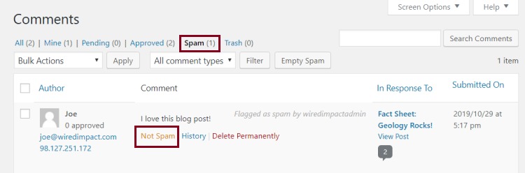A screenshot of the Comments Page highlighting the Spam folder and Not Spam hyperlink below a comment