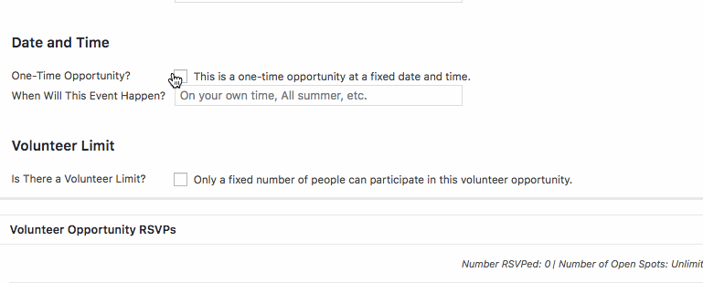 A GIF demonstrating how to set a one-time opportunity under the Date and time form field in the Volunteer Opportunity Details form