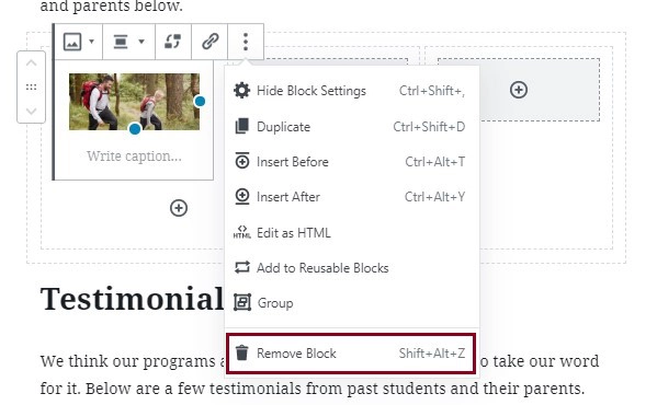 A screenshot of a column block added to a page highlighting the Remove Block option 