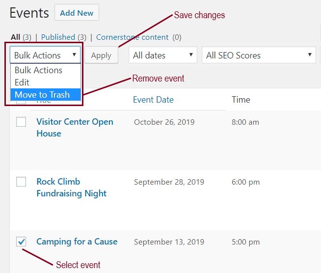 A screenshot showing how to remove an event in the back end of a website highlighting the bulk actions drop down list and an event marked to be removed