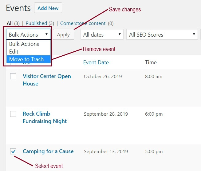 A screenshot showing how to remove an event in the back end of a website highlighting the bulk actions drop down list and an event marked to be removed