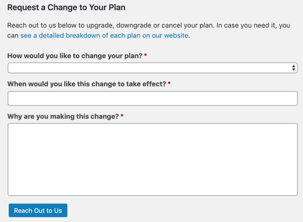 A screenshot of a request form for an upgrade or downgrade to a website plan