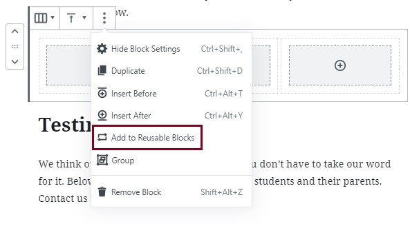 A screenshot of a column block added to a page highlighting the Add to Reusable Blocks option 