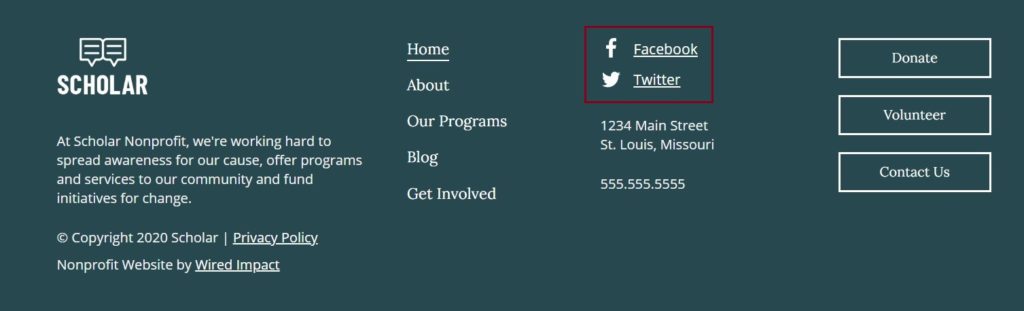 A screenshot of the Scholar website footer highlighting the social media icons
