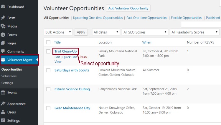 A screenshot of All Opportunities page highlighting the Volunteer Management  in the admin menu and one of the volunteer opportunities