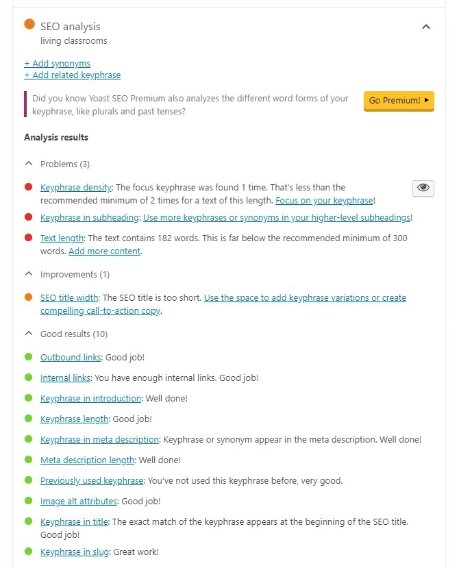 A screenshot of the Yoast SEO Analysis in the back end of a website