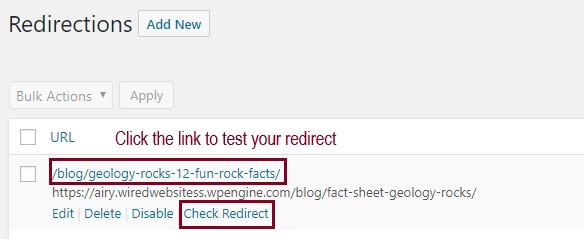A screenshot of the Redirections page highlighting  a URL and the Check Redirect hyperlink