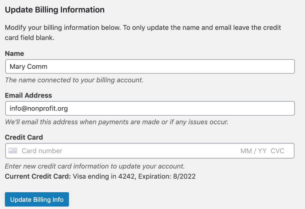 A screenshot of the Update Billing Information form under the Account & Billing section