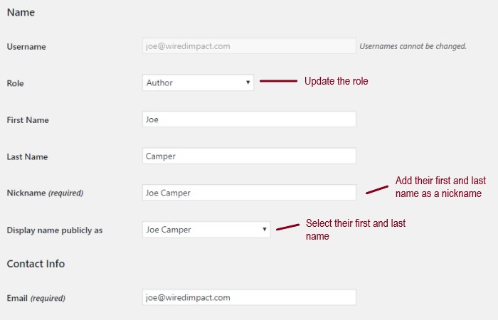 A screenshot of a new user's additional  information form pointing out the details to add in particular form fields