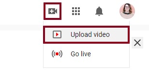 A screenshot of a section of a YouTube account highlighting the video icon and the Upload Video option 
