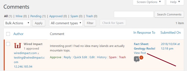 A screenshot of the Comments page highlighting the View Post hyperlink under a received comment