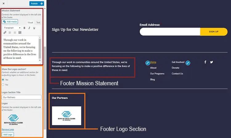 A screenshot of the Footer Settings in the Customize menu, highlighting the Footer Mission Statement and the Footer Logo Section