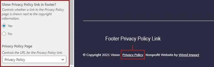 A screenshot of the Footer Settings in the Customize menu, highlighting the Privacy Policy link in the footer.